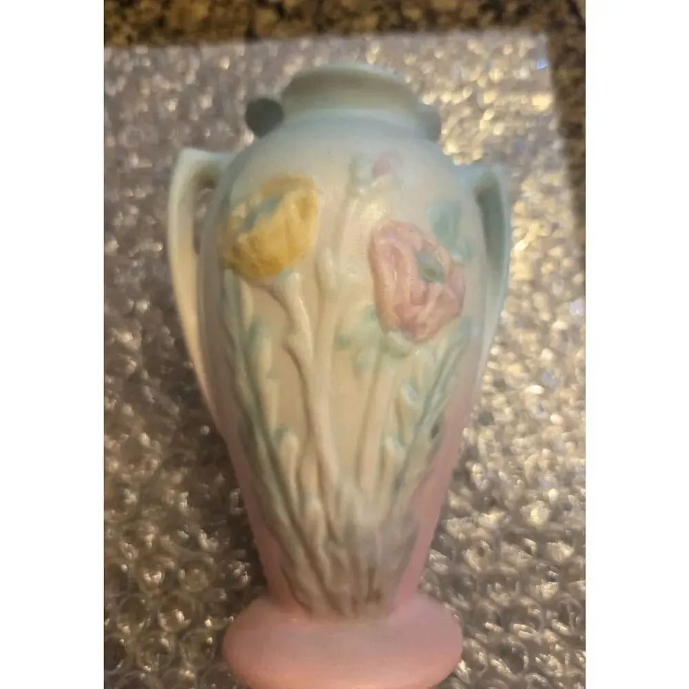 Hull 607-5 1/2 Art Pottery Floral Vase Blue Pink Yellow 1940s Impressed Vintage